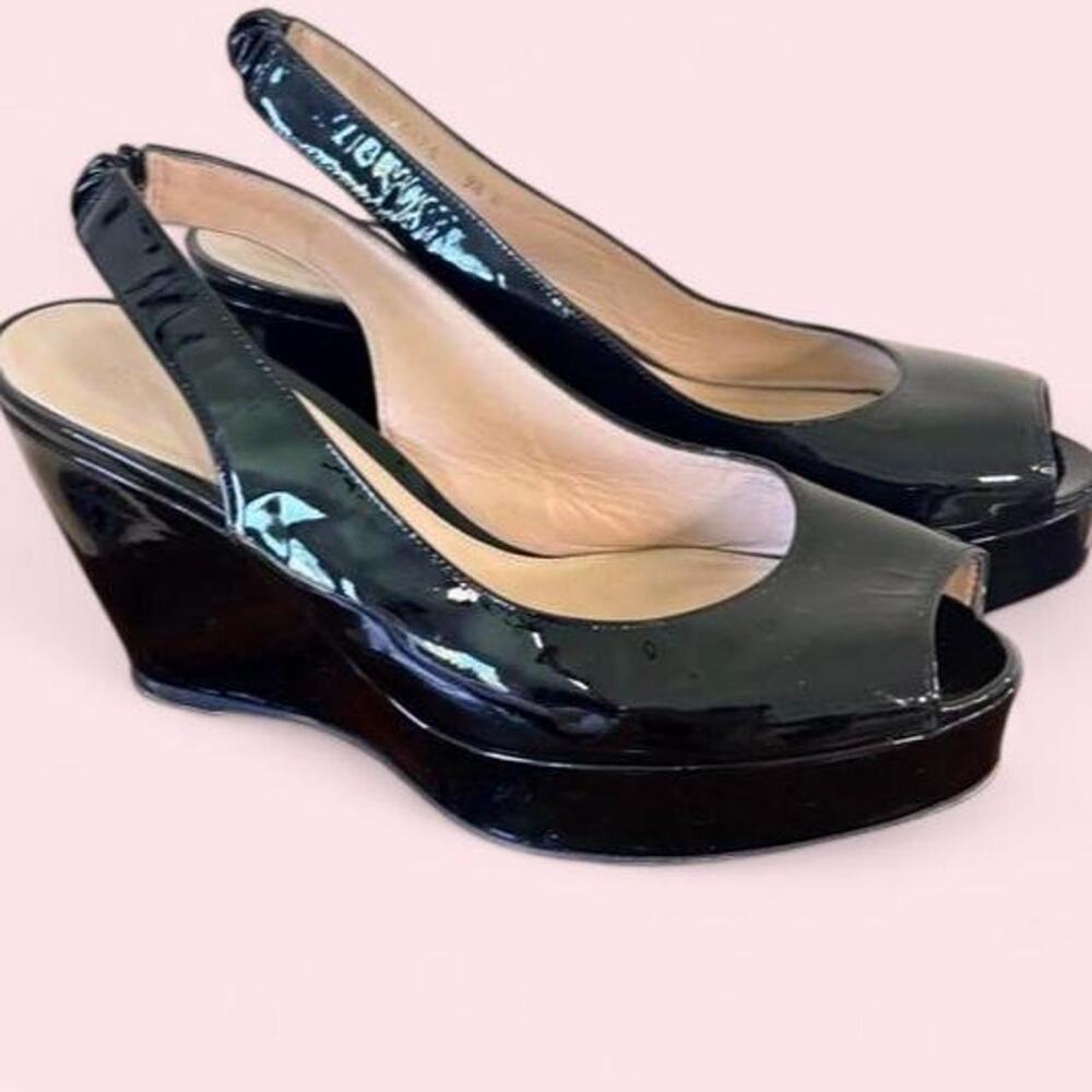 Stuart Weitzman black patent leather slingback wedges with peep toe vintage